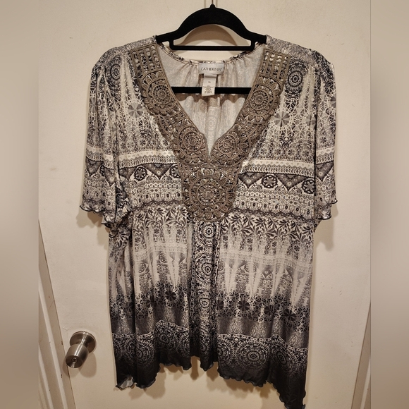 Catherine's Embellished Gray Print Stretch Tunic Top Sz 2X Fairy Boho Casual - Picture 1 of 7